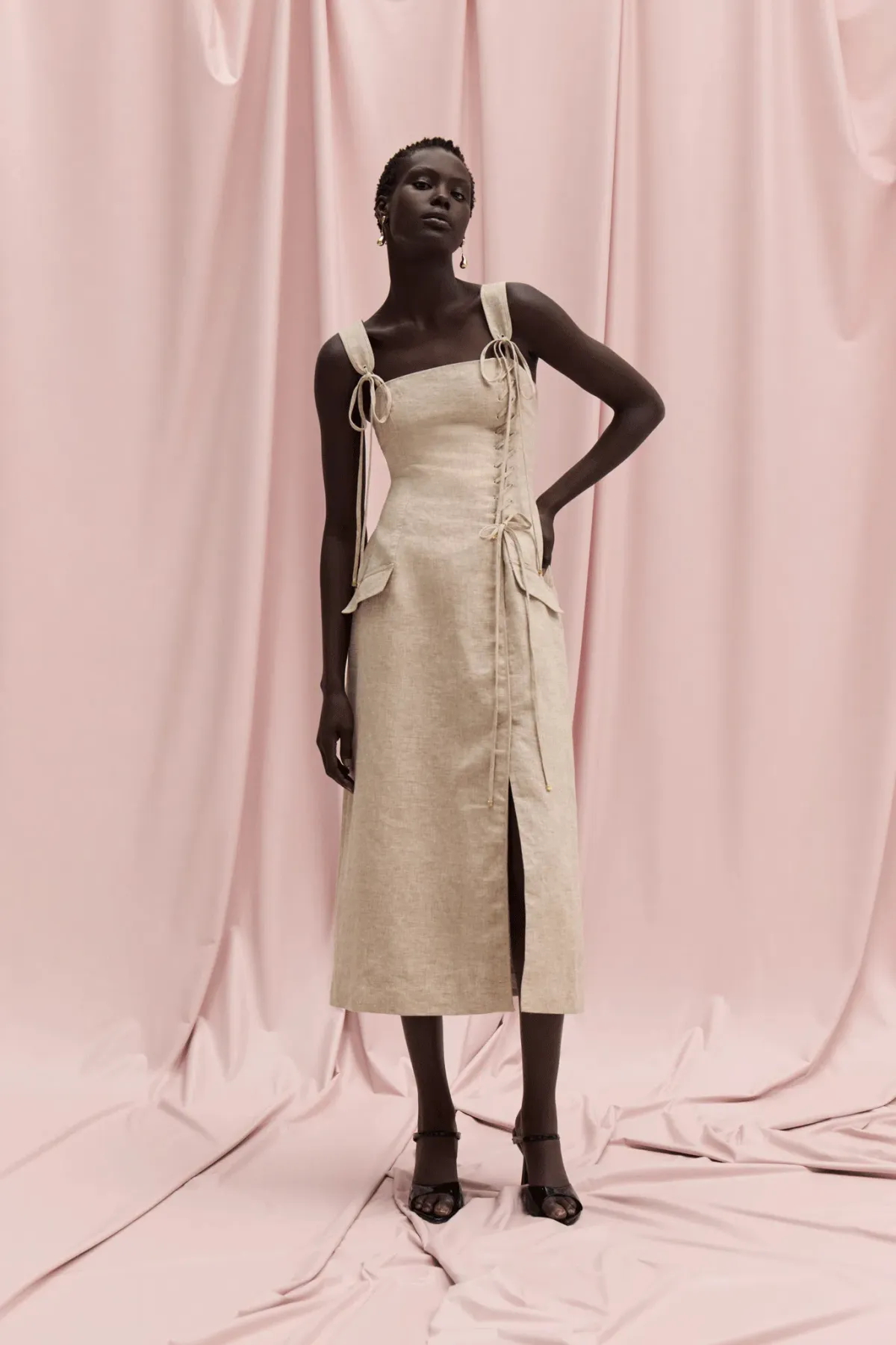Aje Morgan Midi Dress in Nude Beige Size 8 for rent on The Volte - main image
