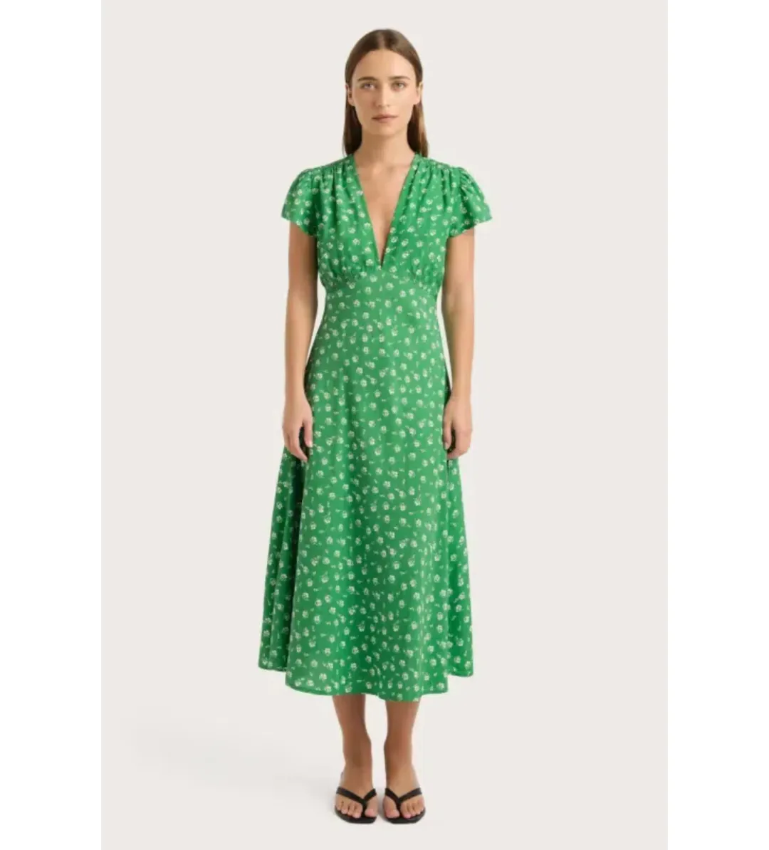 Faithfull The Brand Doriet Midi Dress Suzette Green Size AU 10 for rent on The Volte - main image