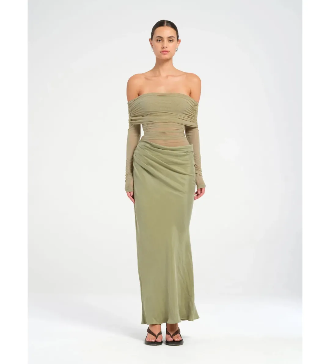 Benni Yasmin Off-Shoulder Maxi Dress Pistachio Size 10 for rent on The Volte - main image