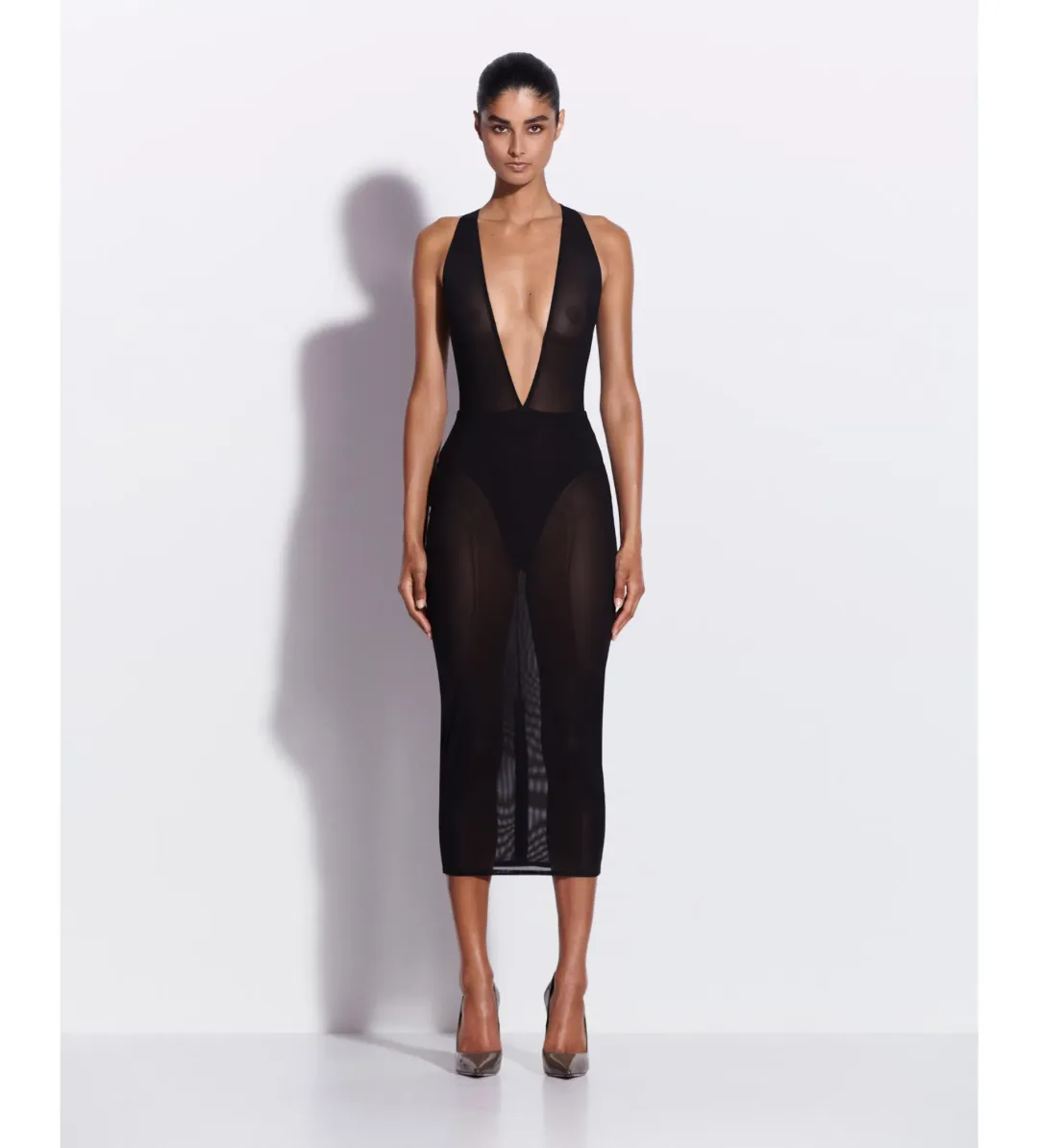 Alex Perry Halter Midi Dress in Stretch Mesh Black AU 8 for rent on The Volte - main image