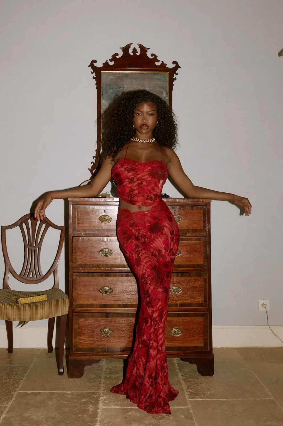 BYDEE FLEURIE MAXI SKIRT & AURELIE TOP IN ROSÉ. SIZE XS / AU 6-8 for rent on The Volte - main image