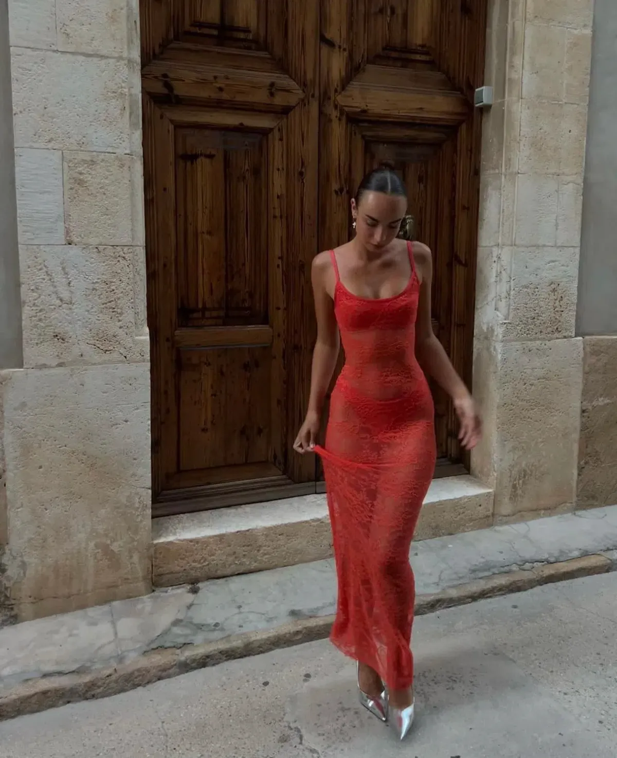 Natalie Rolt Giana Dress in Tangerine Lace for rent on The Volte - main image