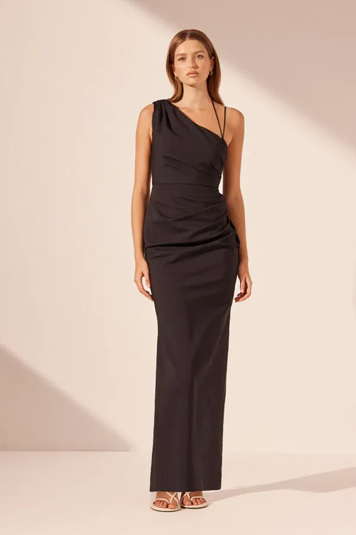 Shona Joy Lani Asymmetrical Gathered Maxi Dress Black Size 10 for rent on The Volte - main image