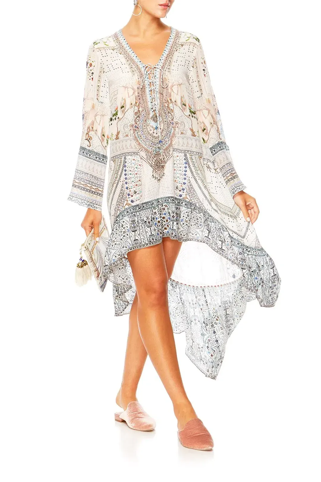 Camilla Breakfast With Silvia Short Dress with High Low Hem Print Size XS for rent on The Volte - main image