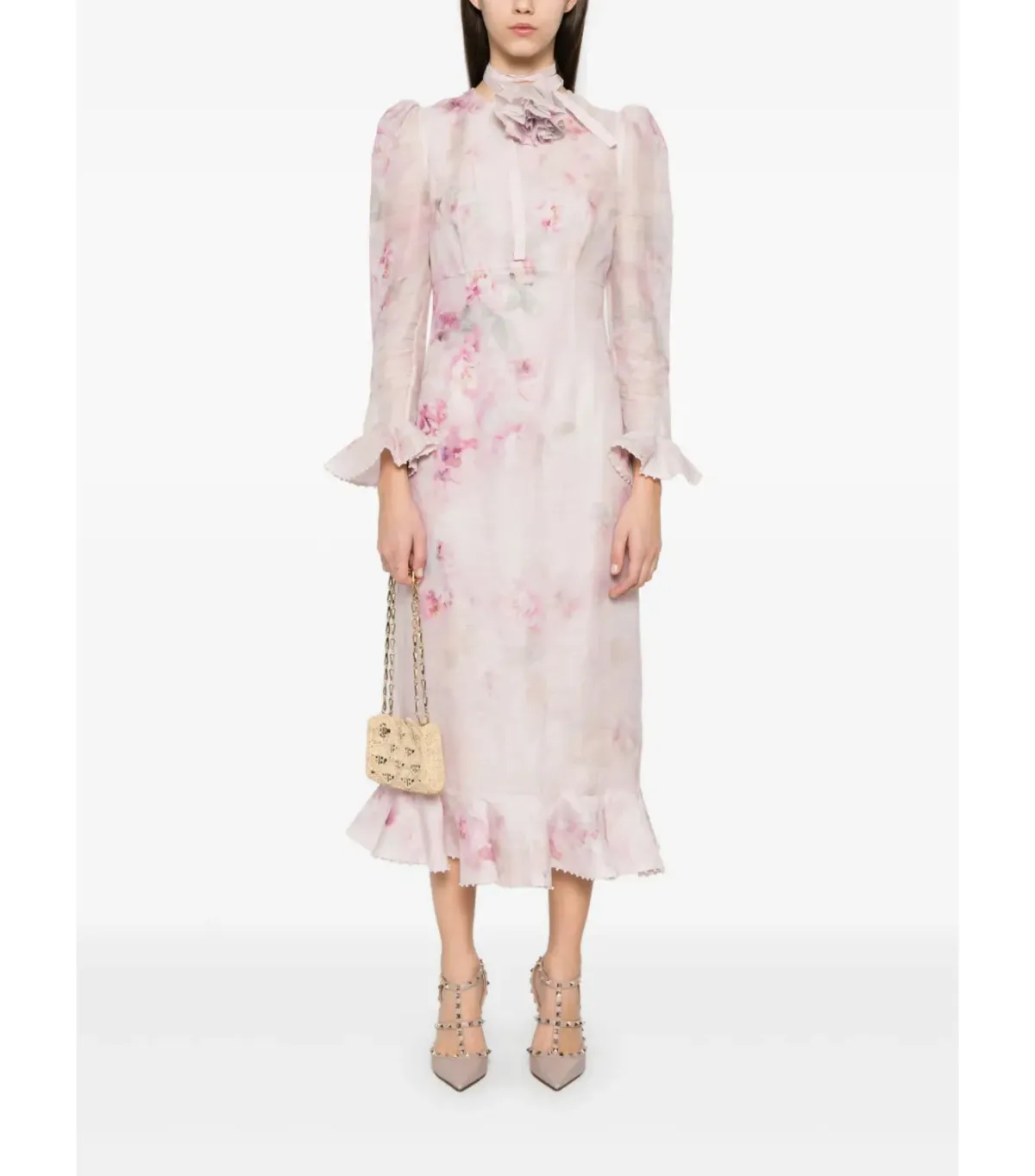 Zimmermann Crush Flower Midi Dress in Pink Floral Size 1 / AU 10 for rent on The Volte - main image