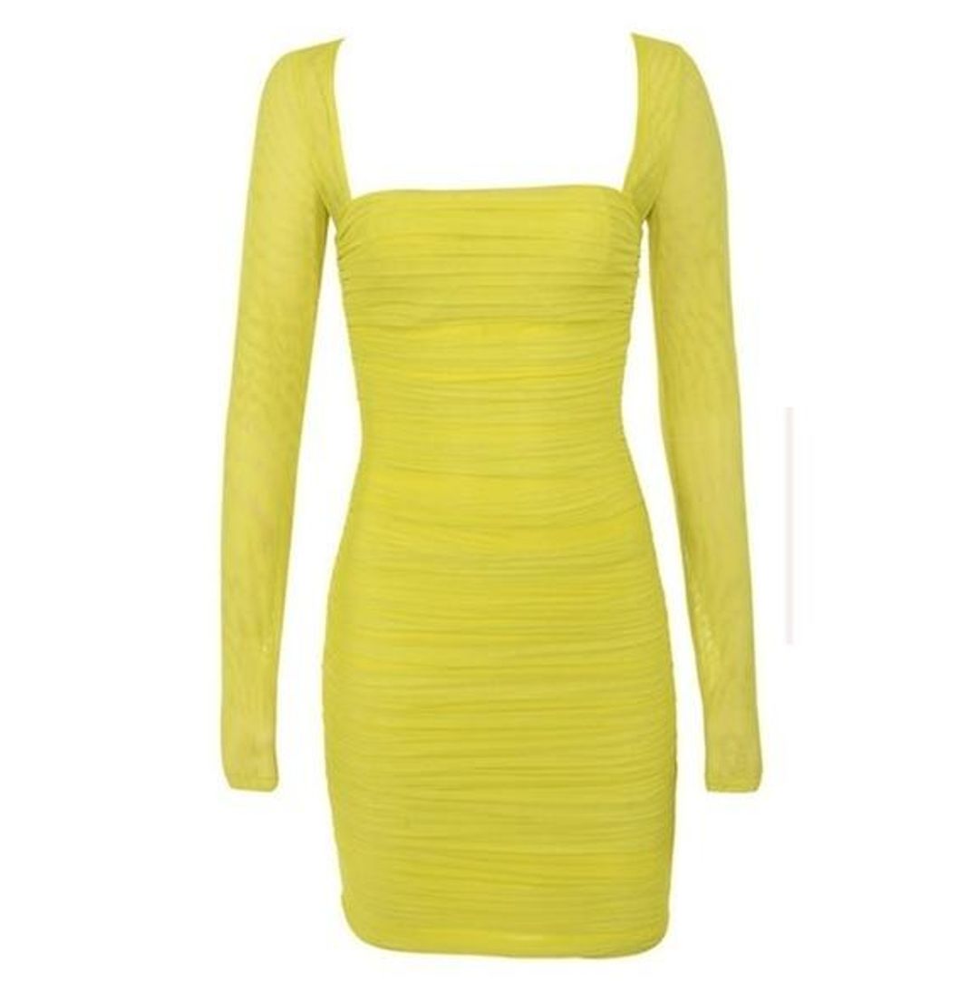 House of CB Valentina Chartreuse Long Sleeve Ruched Organza Mini Dress Yellow Size 6 for rent on The Volte - main image
