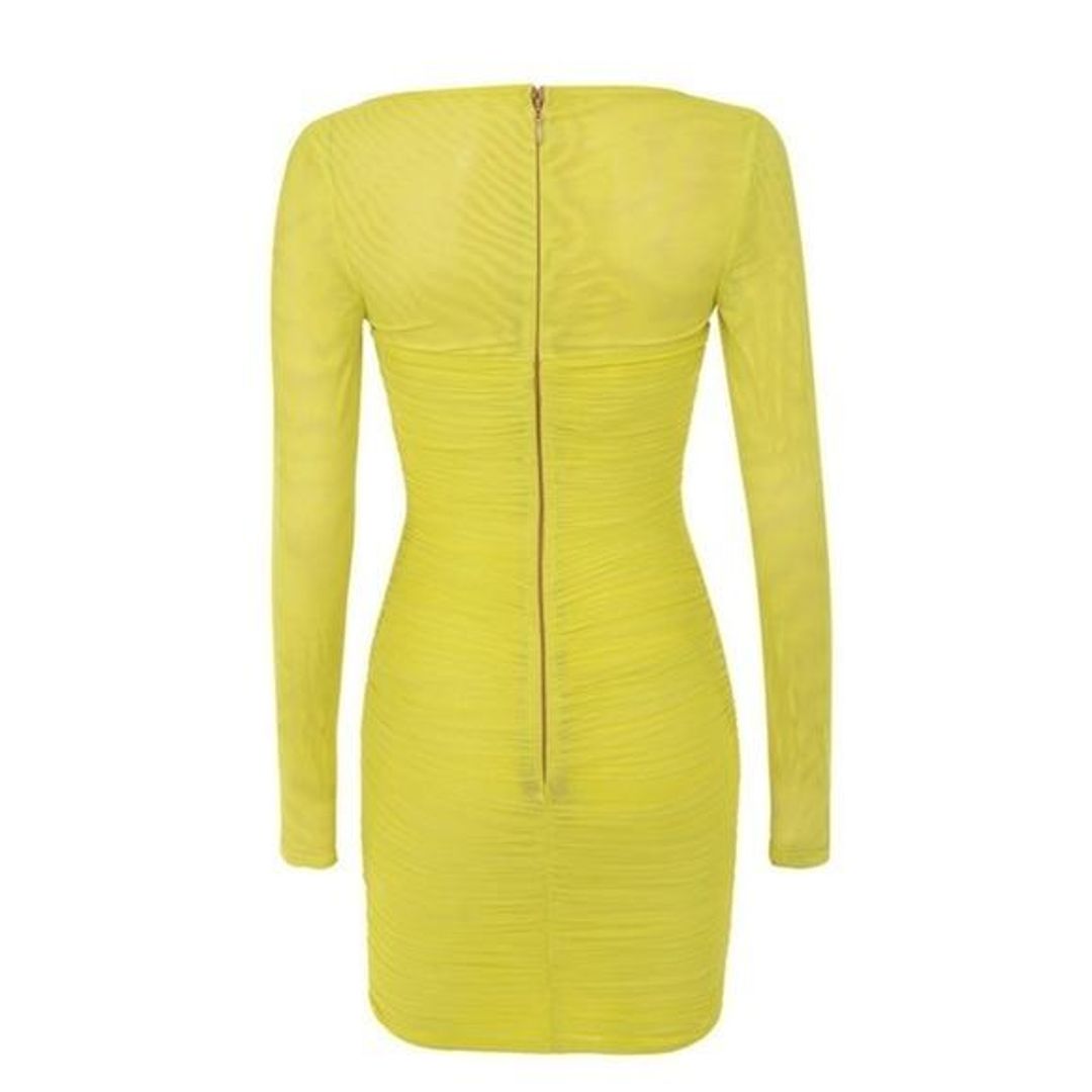 House of CB Valentina Chartreuse Long Sleeve Ruched Organza Mini Dress Yellow Size 6 for rent on The Volte - main image