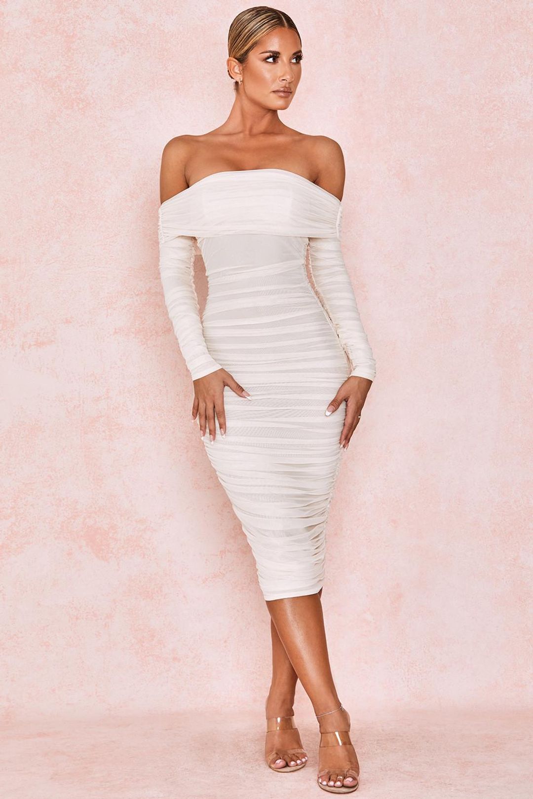 House of CB Anais Off Shoulder Ruched Midi Dress White Size 8 for rent on The Volte - main image