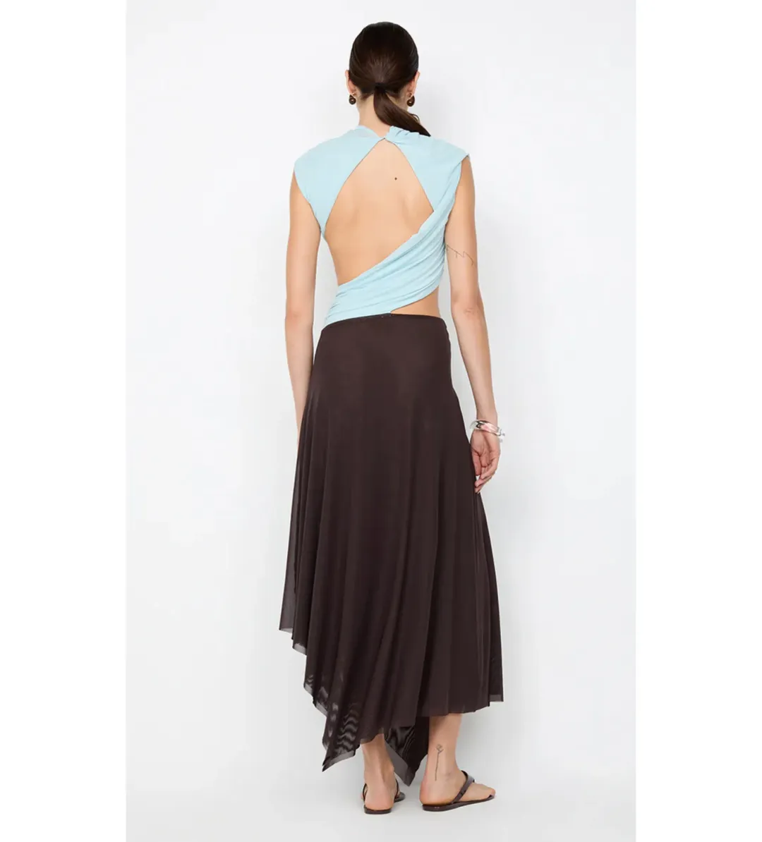 Bec & Bridge Conni Asym Midi Dress Arctic Blue/Dark Choco Size 8 for rent on The Volte - main image