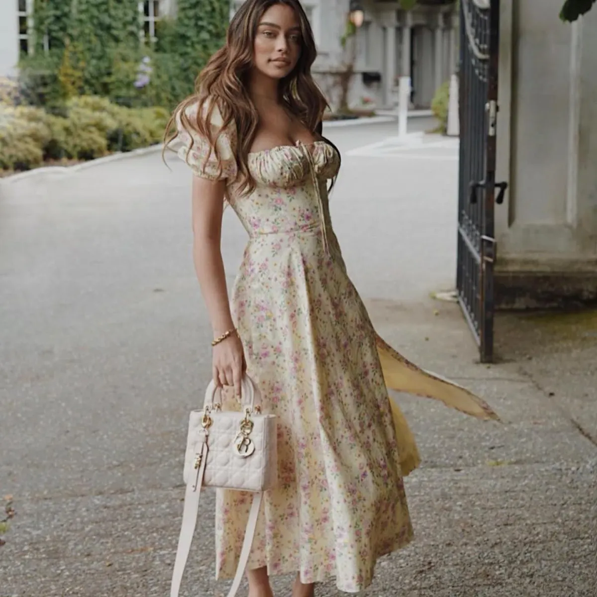 HOUSE OF CB TALLULAH Lemon Floral Puff Sleeve Midi Sundress for rent on The Volte - main image