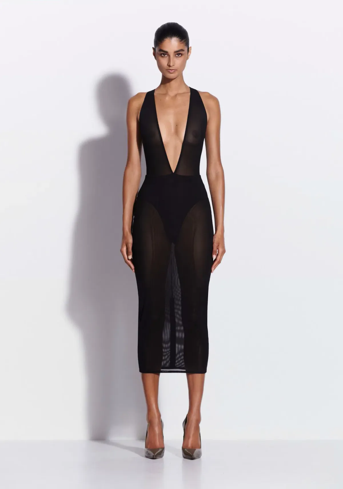 Alex Perry Halter Midi Dress in Stretch Mesh Black Size AU 10 for rent on The Volte - main image