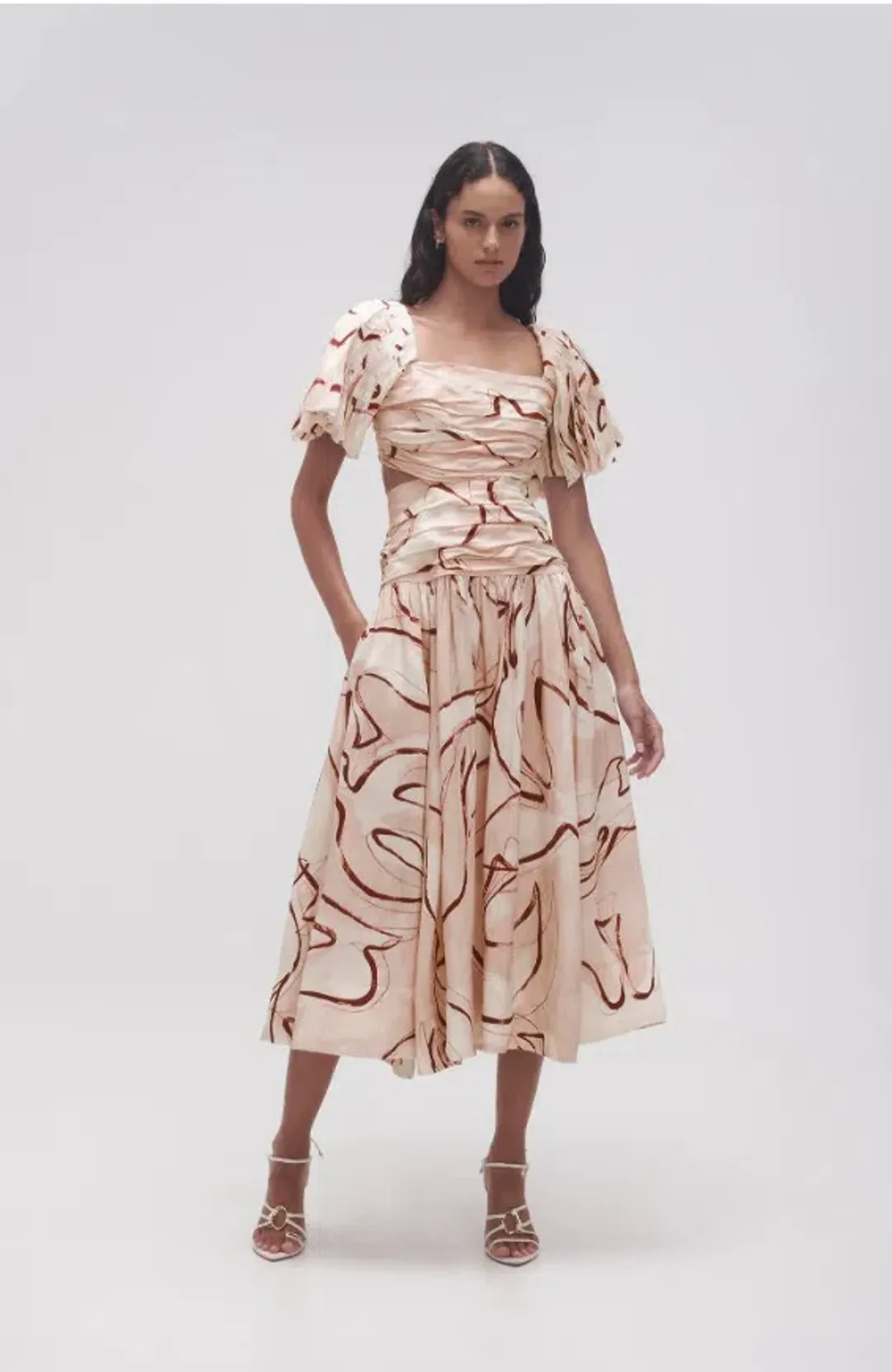 AJE Marianne Midi Dress Ruched Cutout Whimsical Dove  for rent on The Volte - main image