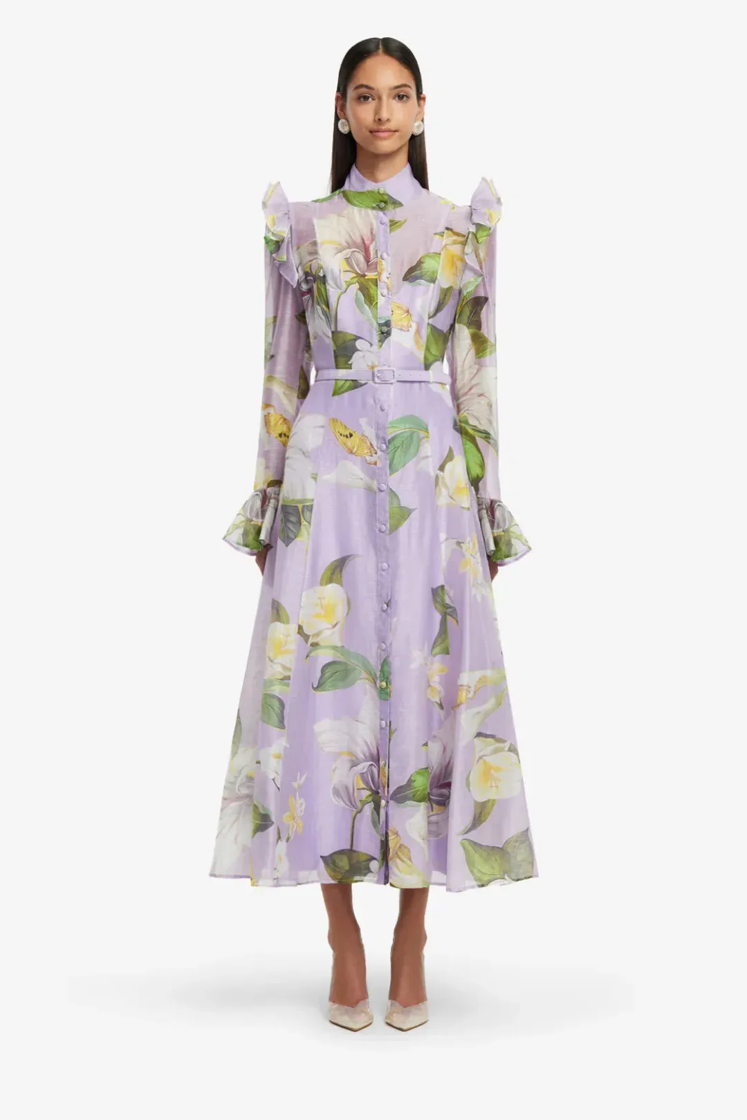Leo Lin  Katrina Butterfly Sleeve Midi Dress Lily Blossom Print in Lilac Size 16 for rent on The Volte - main image