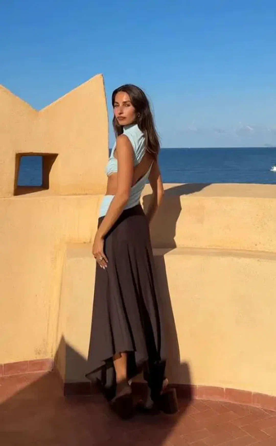 Bec and Bridge Conni Asym Midi Dress in Arctic Blue and Dark Chocolate Size 8 for rent on The Volte - main image