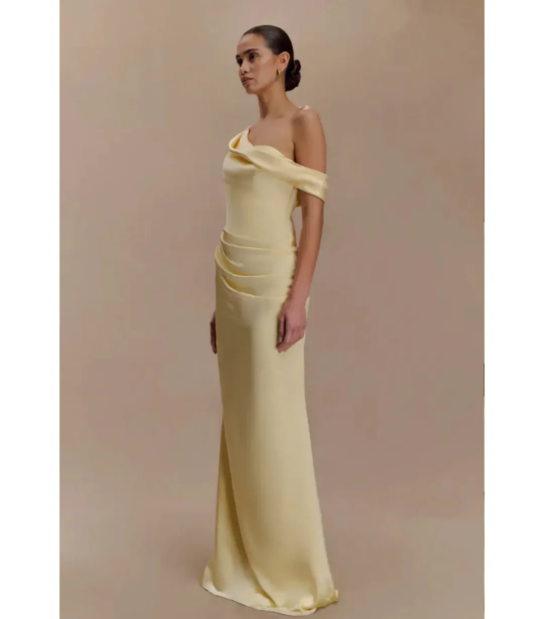 Meshki Dalia Off Shoulder Maxi Satin Dress Lemon Size 10 for rent on The Volte - main image