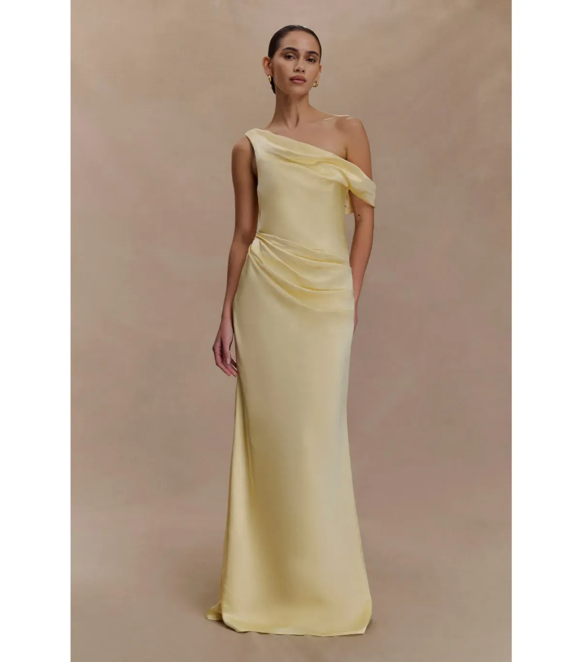 Meshki Dalia Off Shoulder Maxi Satin Dress Lemon Size 10 for rent on The Volte - main image
