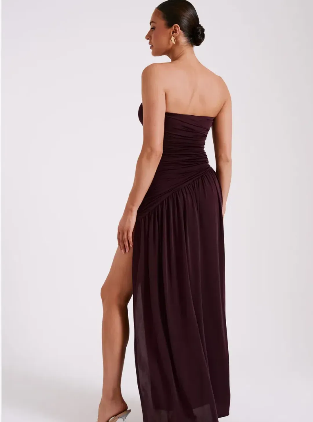 MESHKI Bex Strapless Slinky Maxi Dress With Split Burgundy Size 10 for rent on The Volte - main image