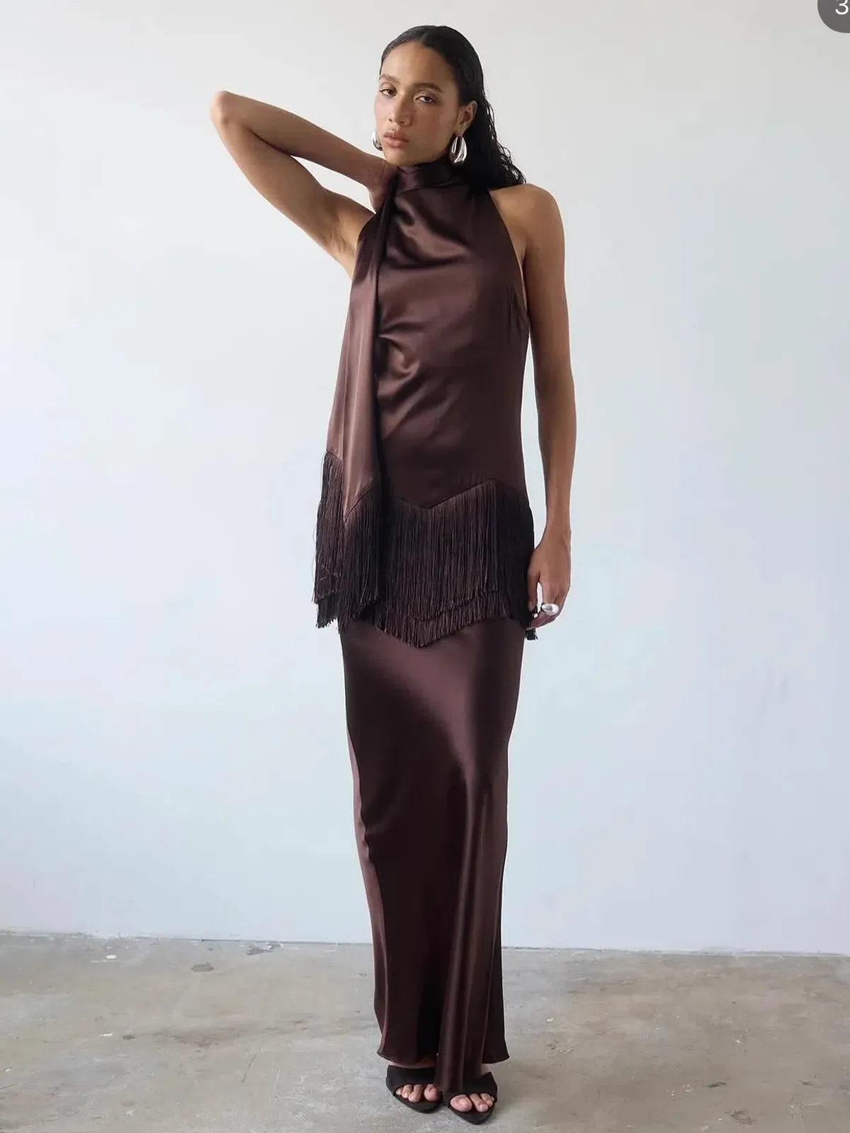 De La Vali Khamsin Maxi Dress in Cedar Silk Satin Size AU6 for rent on The Volte - main image