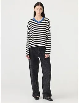 Bassike Stripe Boxy V Neck Long Sleeve T-Shirt in Black Size 10 for rent on The Volte - image 1