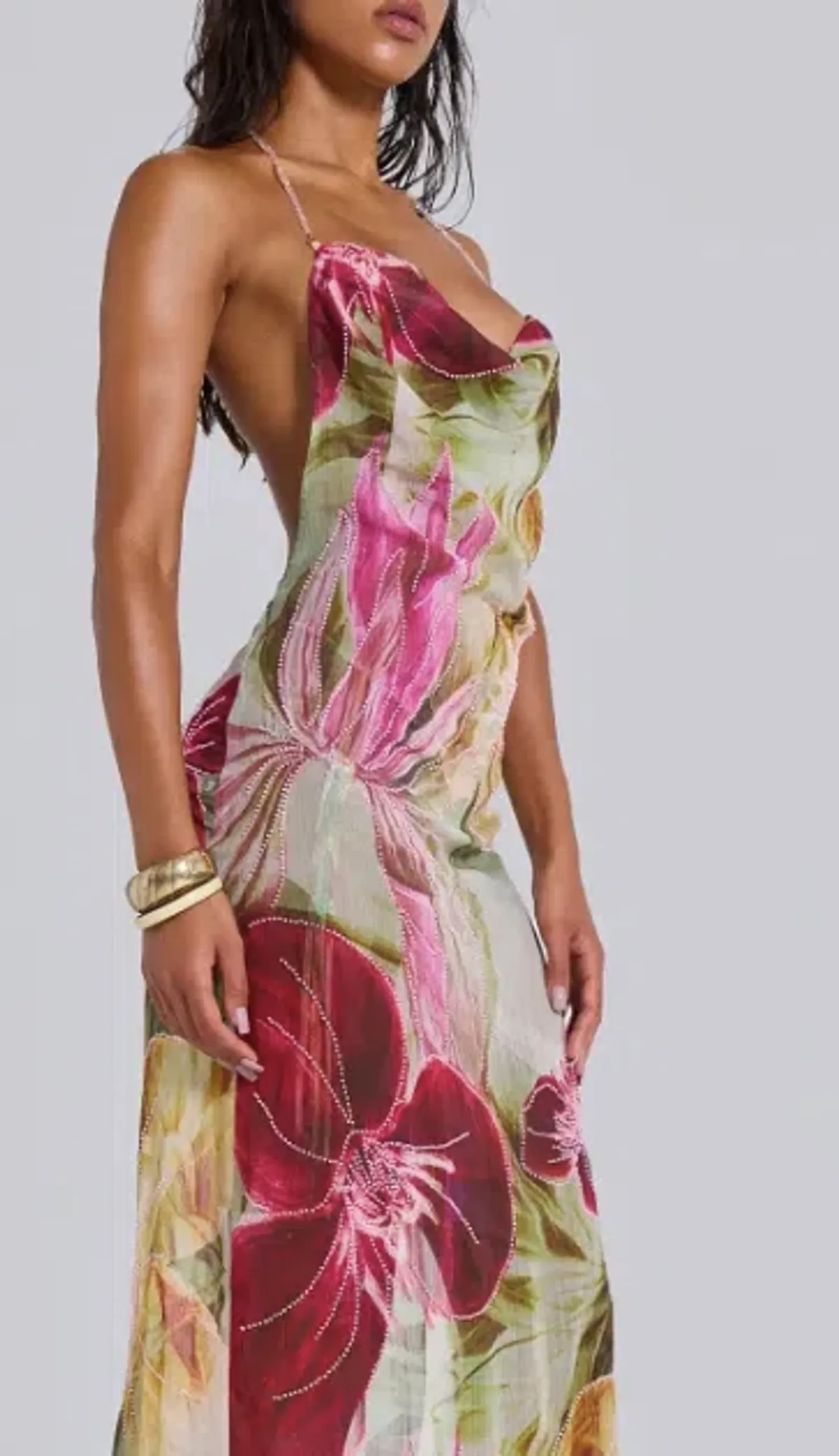 Jaded London Dahlia Hand-Beaded Backless Chiffon Maxi Dress in Rosa for rent on The Volte - main image