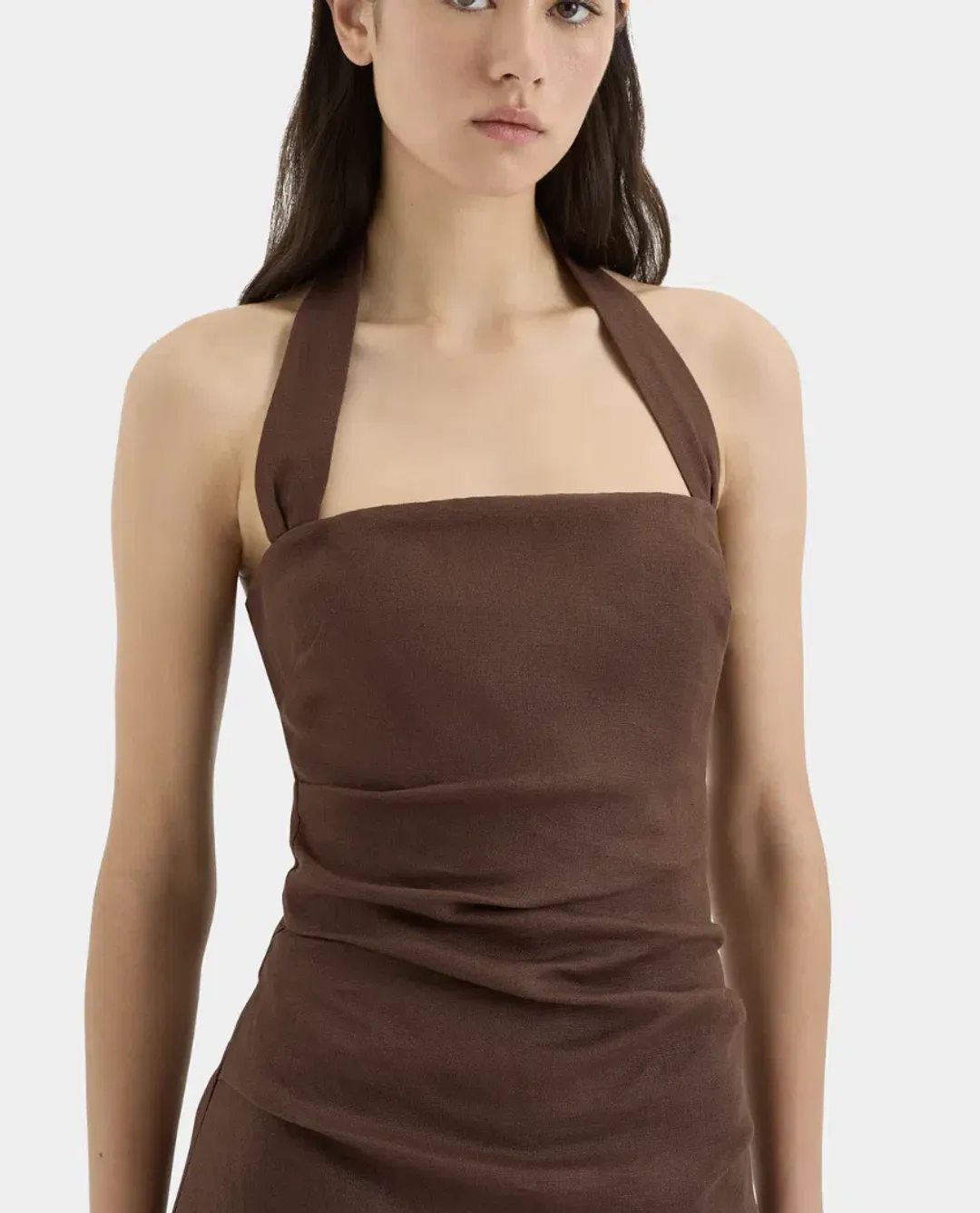 Sir the Label Noemi Halter Mini Dress in Chocolate in size 3/12AU for rent on The Volte - main image