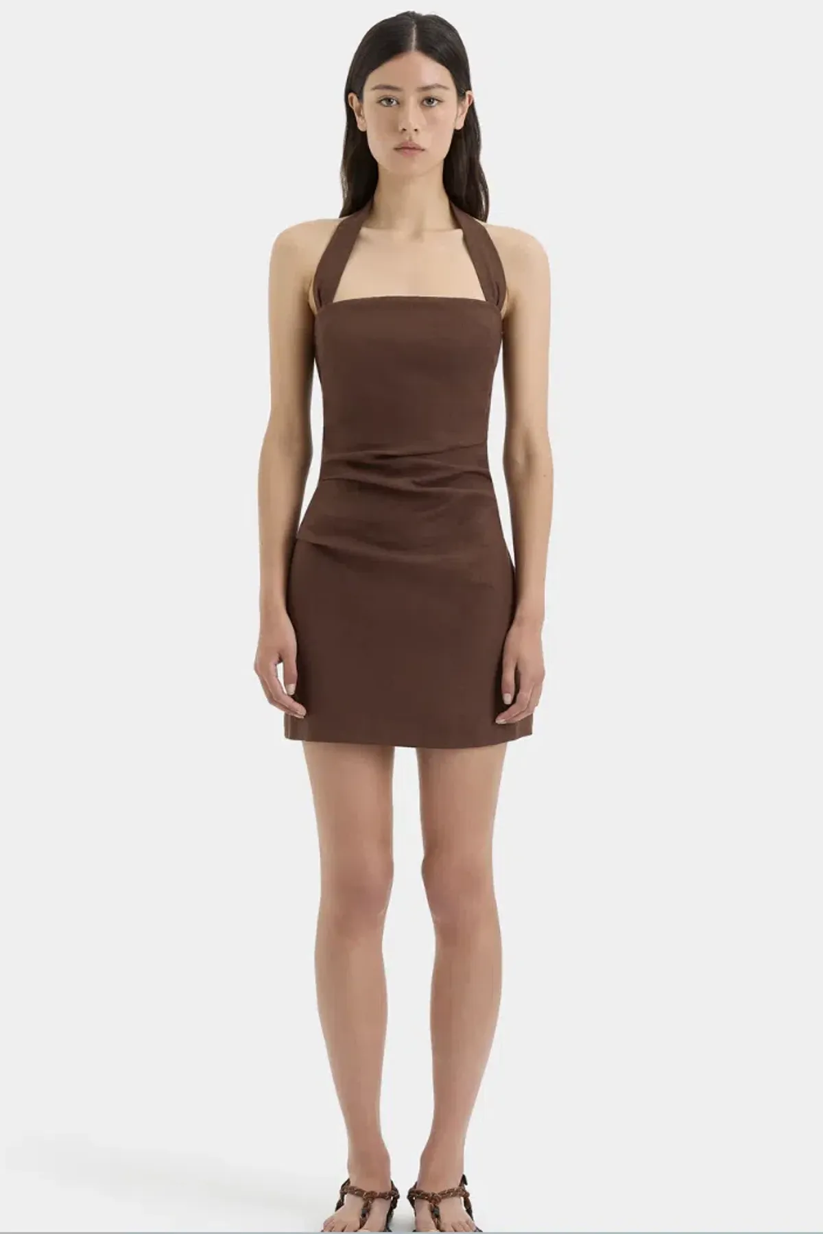Sir the Label Noemi Halter Mini Dress in Chocolate in size 3/12AU for rent on The Volte - main image