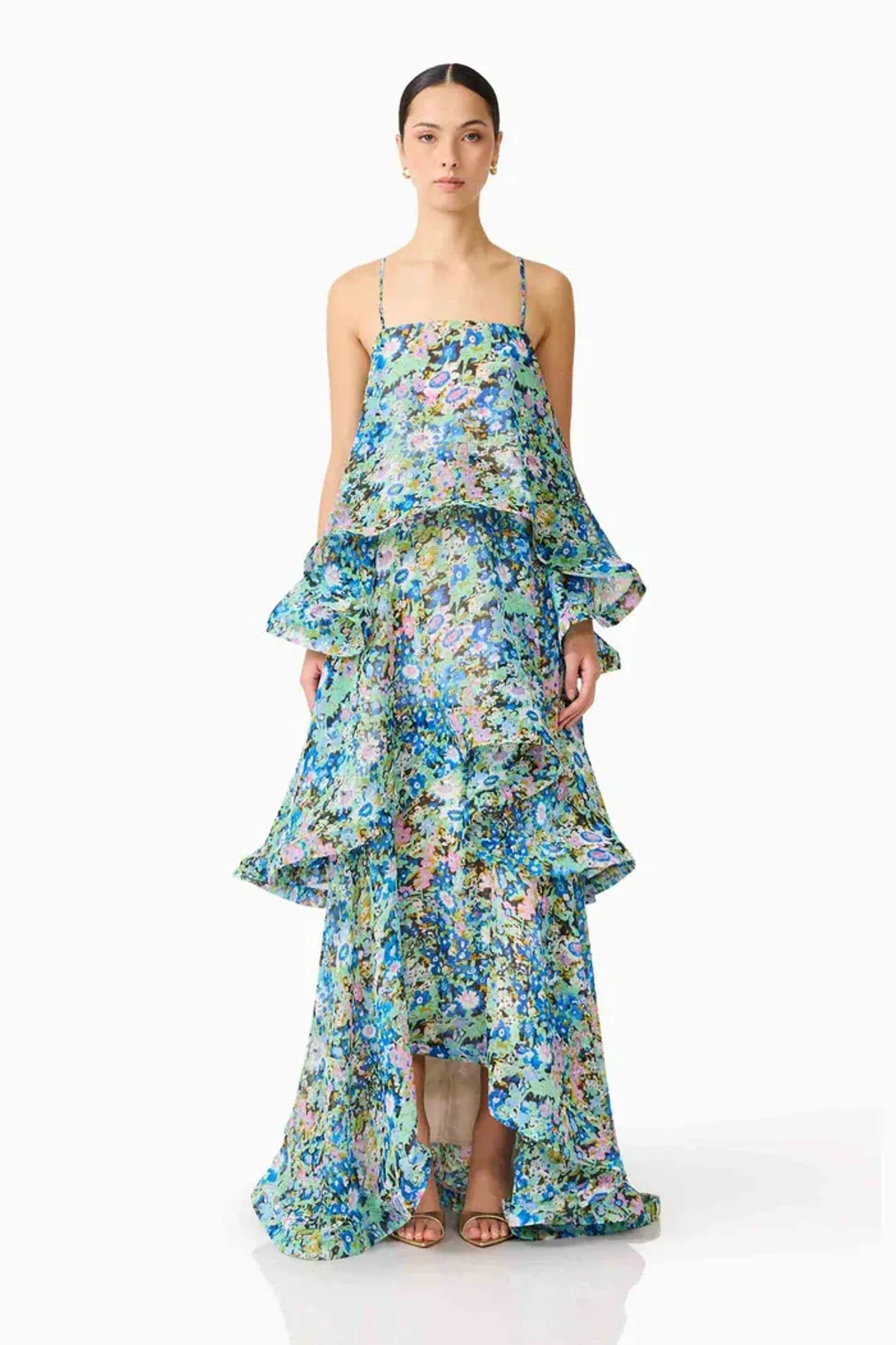 Elliatt Armani Tiered Maxi Dress In Blue Floral Size M for rent on The Volte - main image