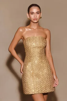 Meshki Gala Gold Tweed Mini Dress 8/S for rent on The Volte - image 1