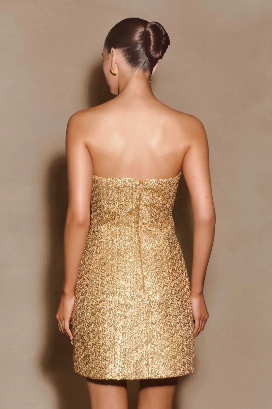 Meshki Gala Gold Tweed Mini Dress 8/S for rent on The Volte - main image