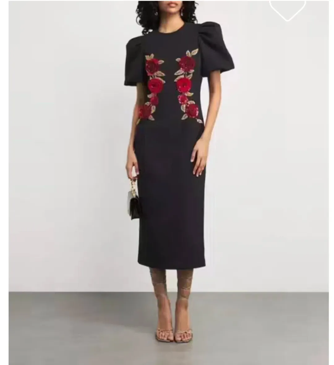 REBECCA VALLANCE ROSETTA MIDI DRESS BLACK SIZE AU 8 for rent on The Volte - main image