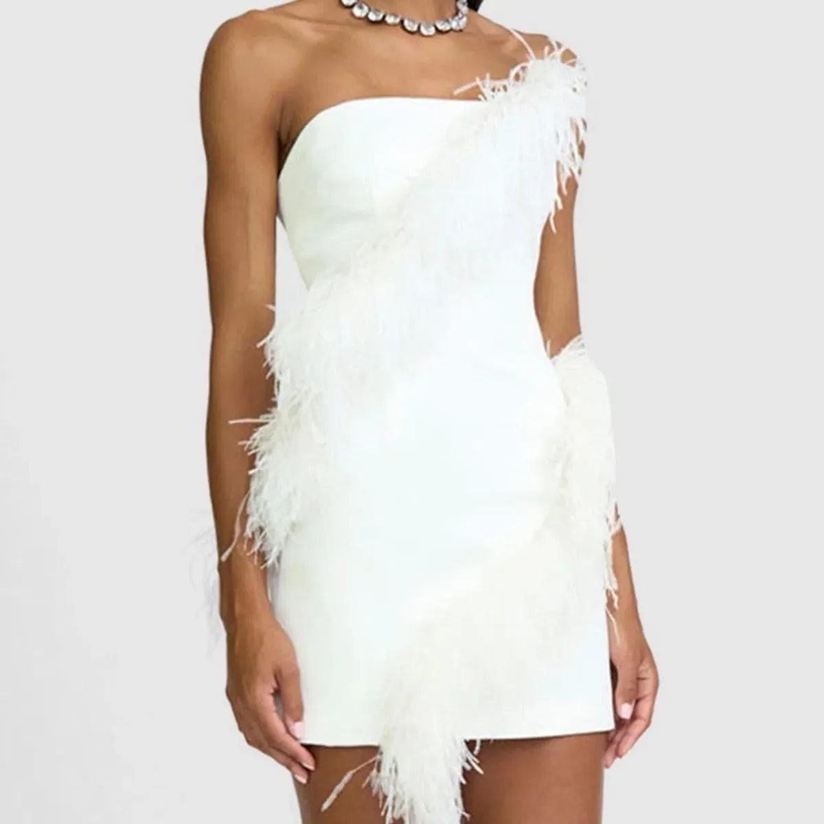 By Johnny Sadira Spiral Feather Mini Dress White Size 8 for rent on The Volte - main image