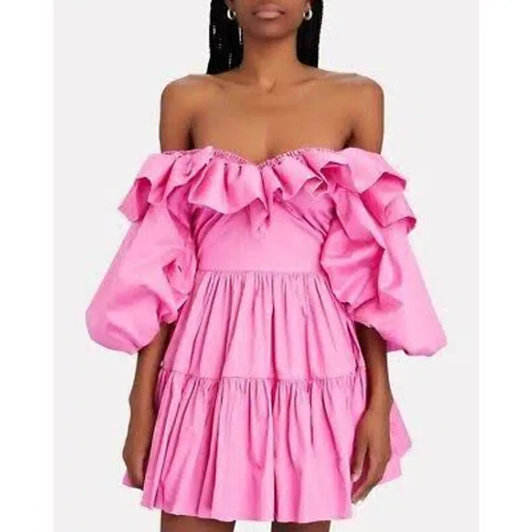 AJE SOLSTICE pink RUFFLE puff sleeve TIERED SMOCK DRESS SIZE 14  for rent on The Volte - main image