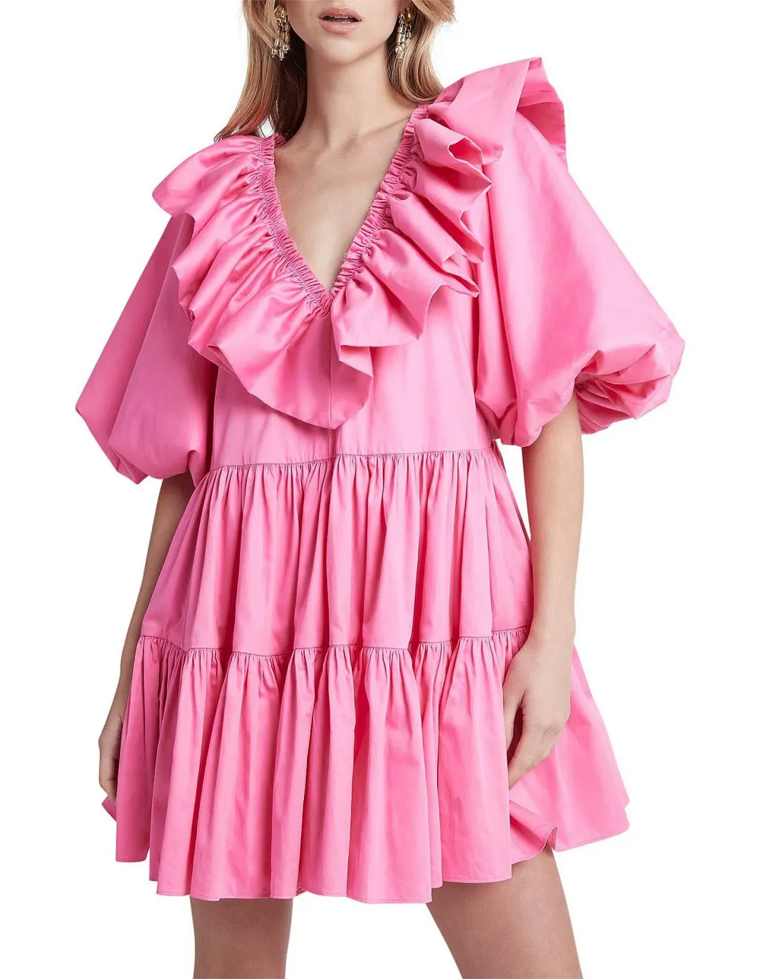 AJE SOLSTICE pink RUFFLE puff sleeve TIERED SMOCK DRESS SIZE 14  for rent on The Volte - main image
