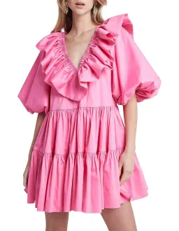 AJE SOLSTICE pink RUFFLE puff sleeve TIERED SMOCK DRESS SIZE 14  for rent on The Volte - image 1