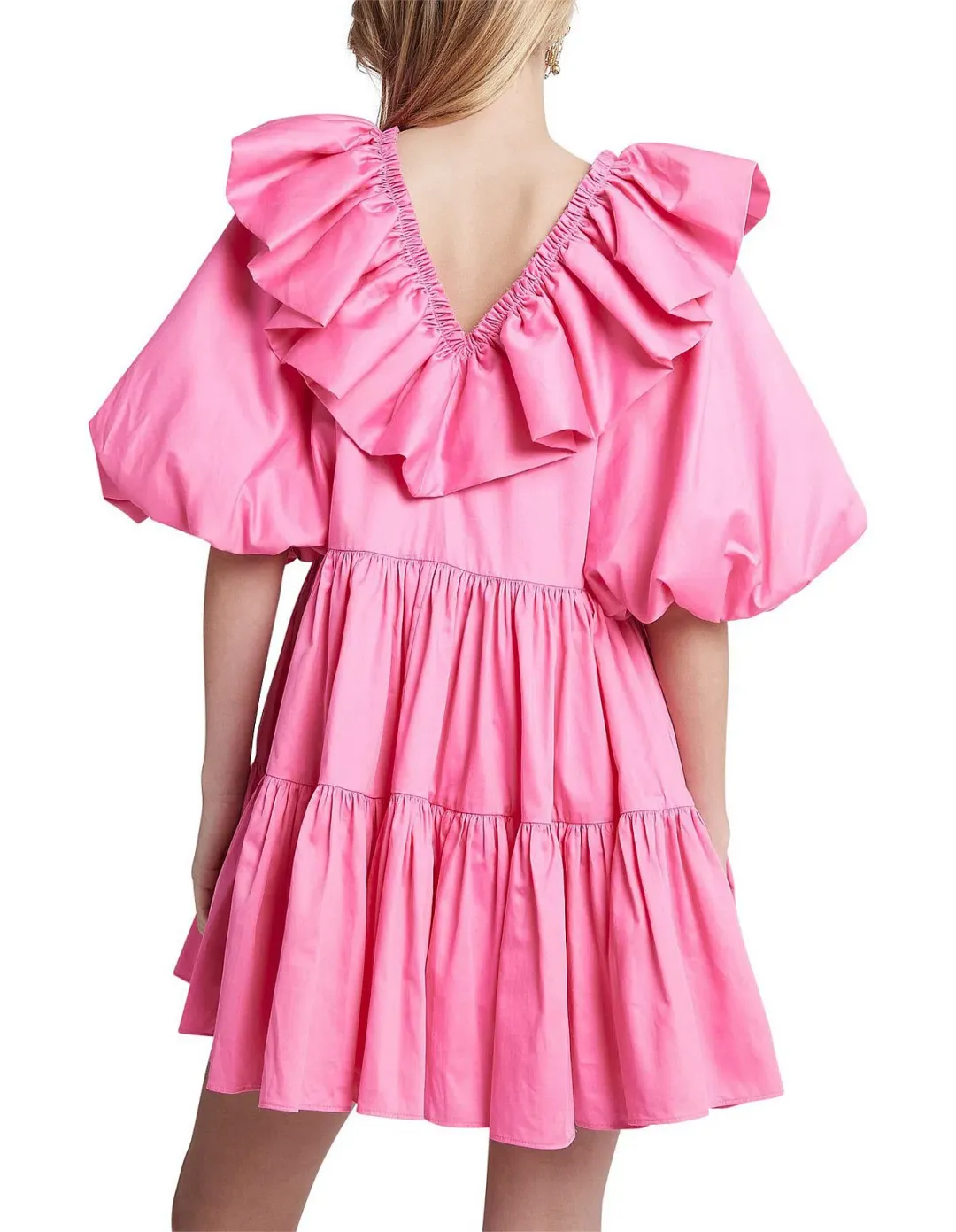 AJE SOLSTICE pink RUFFLE puff sleeve TIERED SMOCK DRESS SIZE 14  for rent on The Volte - main image
