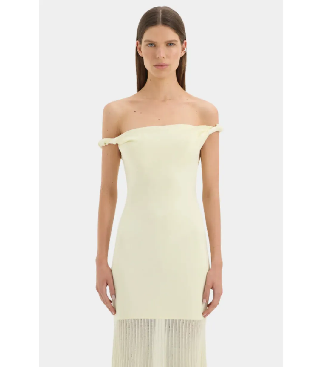 Sir the Label Ella Off Shoulder Twist Dress in Lemon Sorbet Size 10 for rent on The Volte - main image