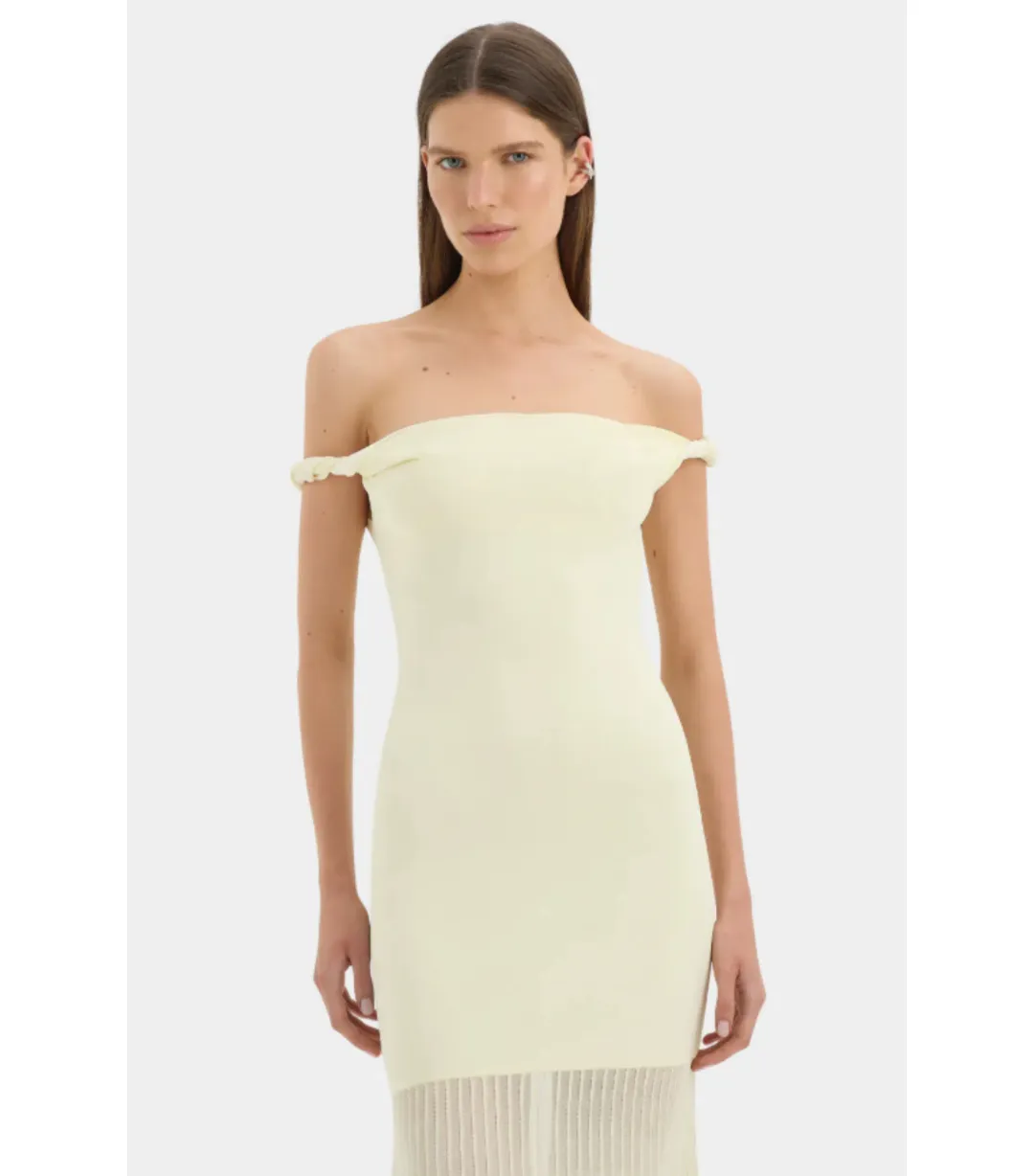 Sir the Label Ella Off Shoulder Twist Dress in Lemon Sorbet Size 10 for rent on The Volte - main image