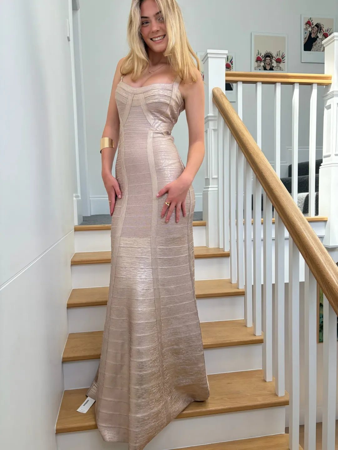 One of a kind Gold Hervé Léger Square Neckline Long Dress. for rent on The Volte - main image