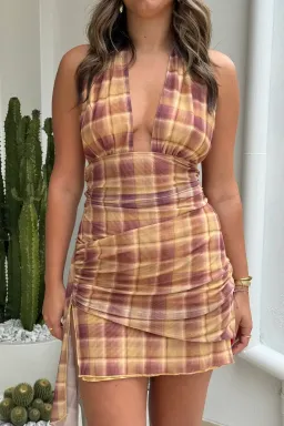 BENNI - Penelope Halter Mini Dress - Toffee Check for rent on The Volte - image 2