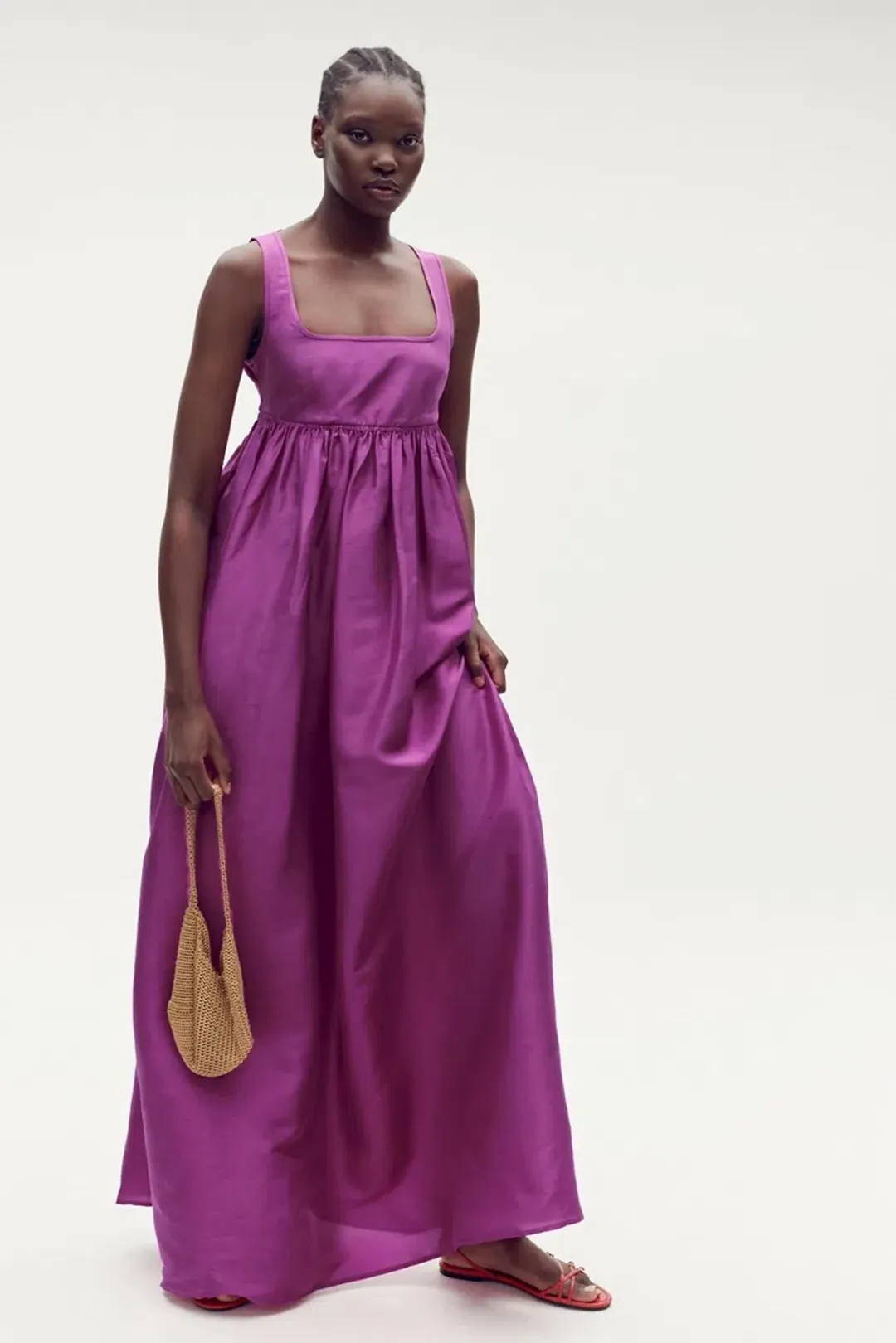 OROTON Strappy Open Back Poplin Maxi Sundress in Magenta Size 10 for rent on The Volte - main image