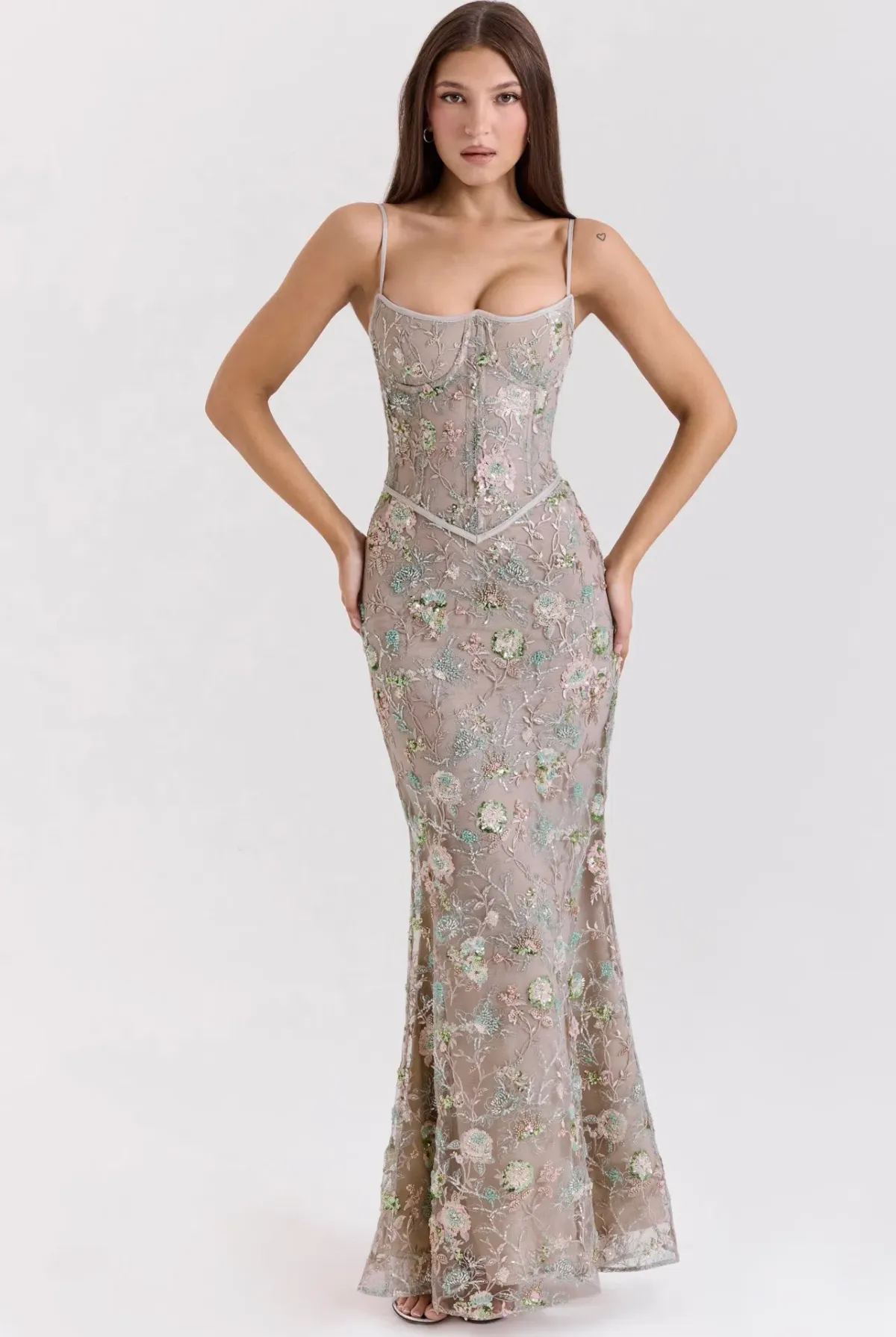 House of CB Naima Embellished Beaded Corset Maxi Dress Silver size 6 for rent on The Volte - main image