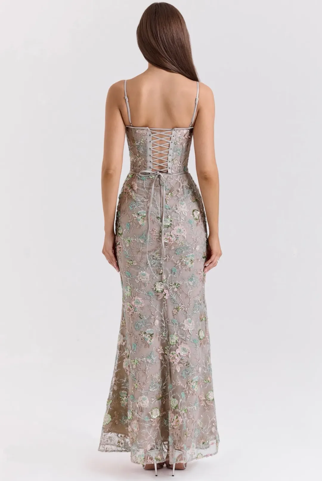 House of CB Naima Embellished Beaded Corset Maxi Dress Silver size 6 for rent on The Volte - main image