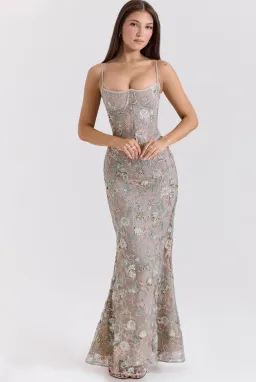 House of CB Naima Embellished Beaded Corset Maxi Dress Silver size 8 for rent on The Volte - image 2