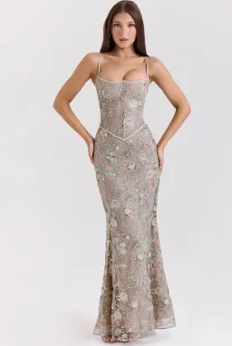 House of CB Naima Embellished Beaded Corset Maxi Dress Silver size 8 for rent on The Volte - image 1