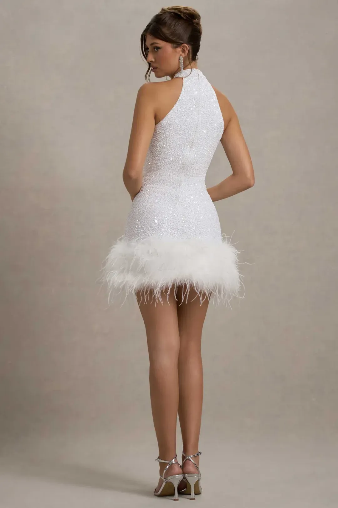 Club London LUMI White Sequin High-Neck Feather Trim Mini Dress 6 for rent on The Volte - main image