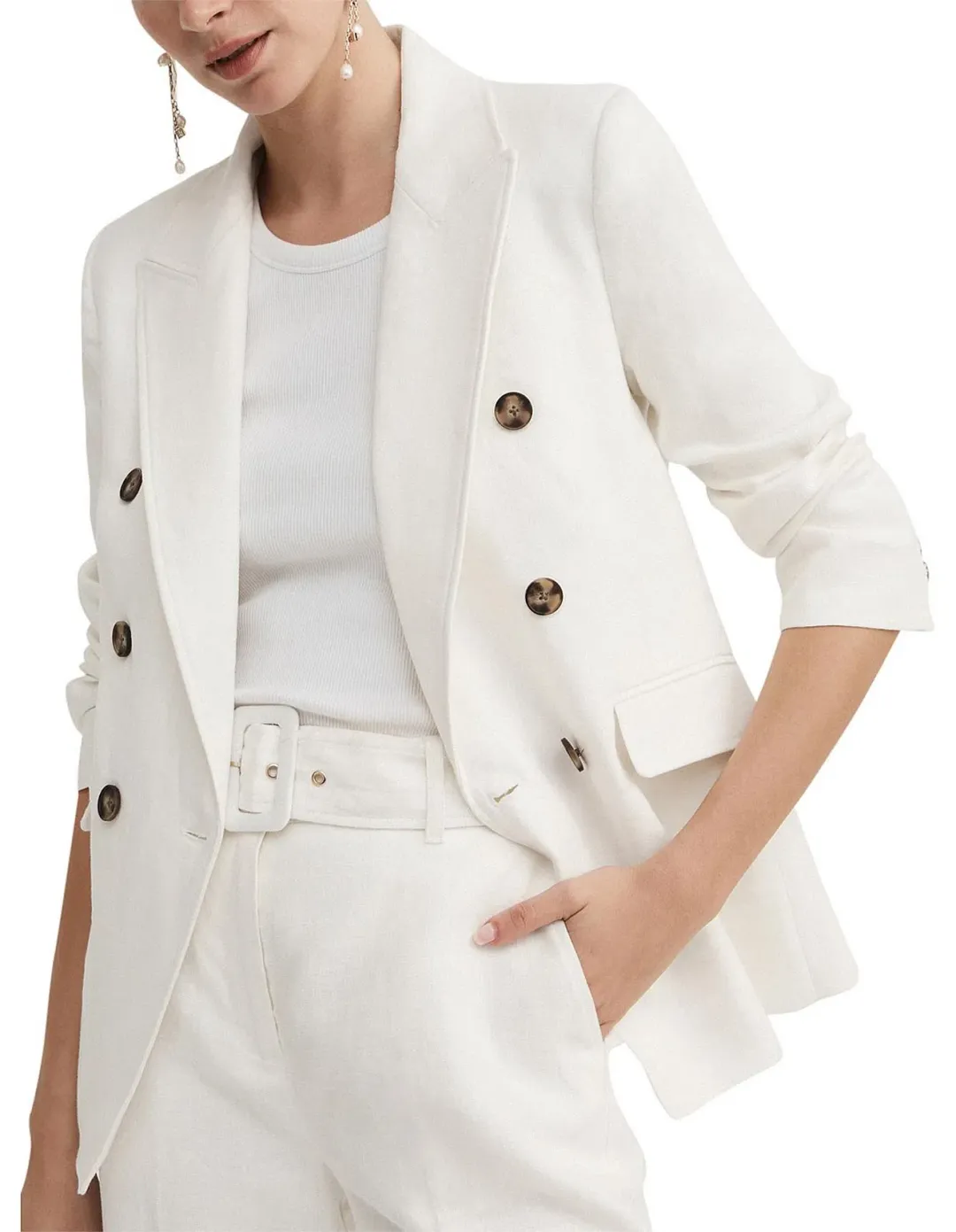Witchery Linen Double-Breasted Crop Sleeve Blazer White Size 8 for rent on The Volte - main image