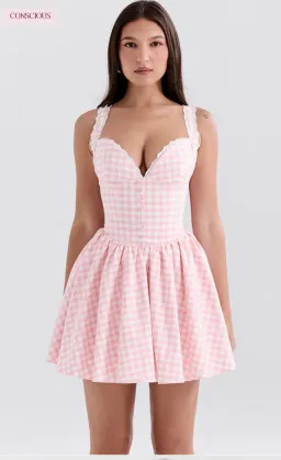 House of CB Brigitte strawberry shortcake gingham corset mini dress for rent on The Volte - image 1