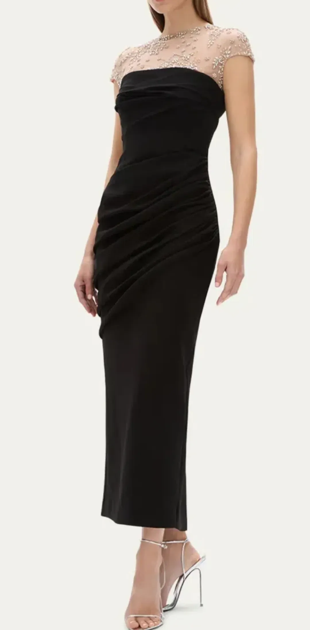 Rachel Gilbert Dottie Floral Crystal Sheer Draped Midi Dress Black Size 6 for rent on The Volte - main image