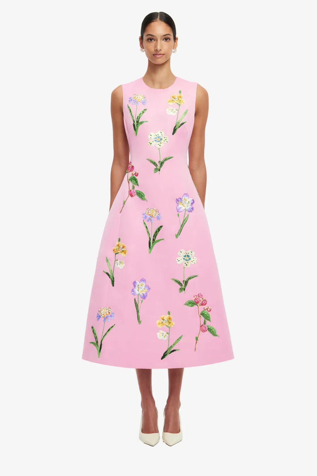 Leo Lin Cleo Embellished Sleeveless Midi Dress in Wild Flower in Flamingo Pink Size 12 for rent on The Volte - main image