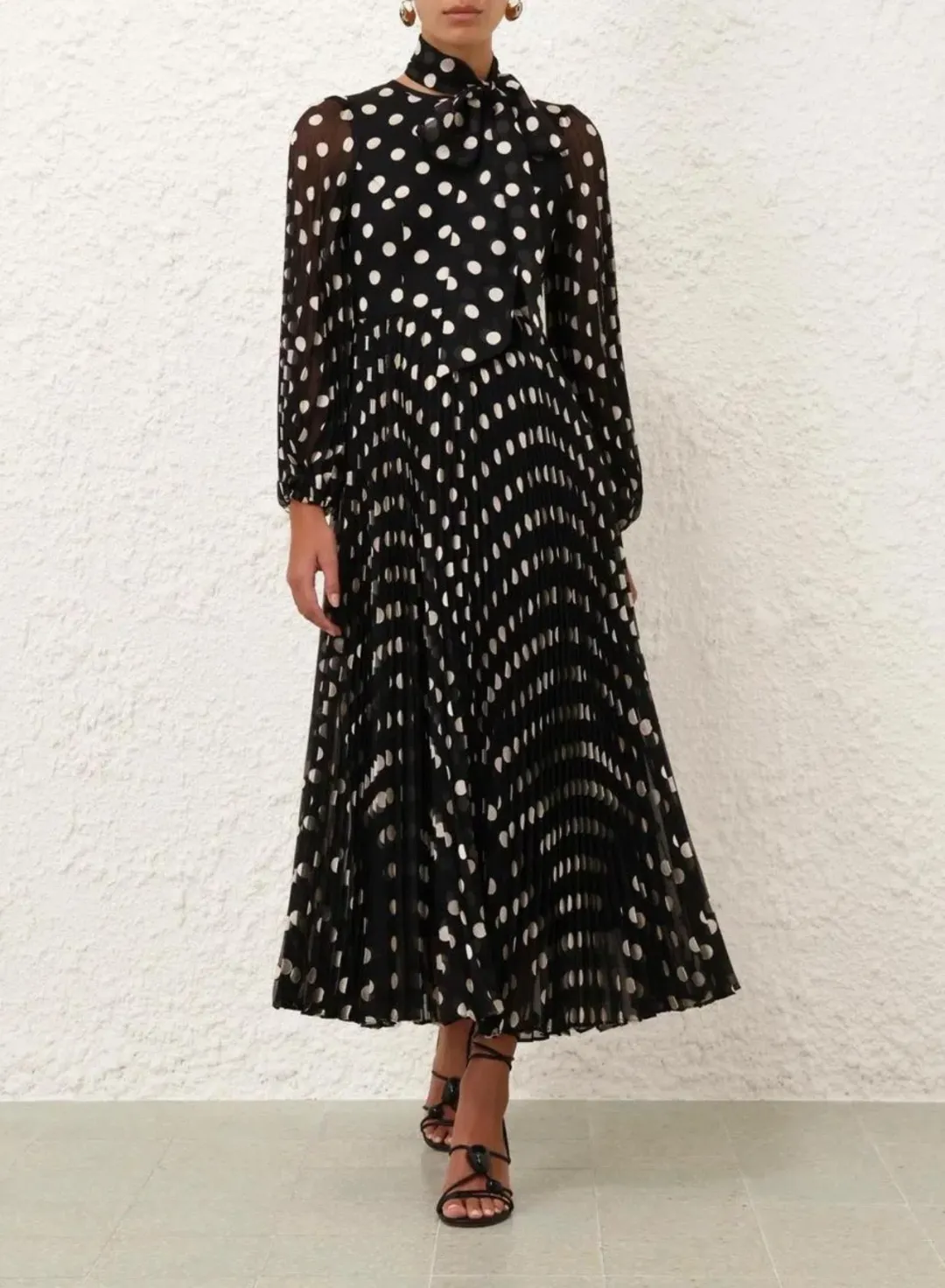 ZIMMERMANN SUNRAY LONG SLEEVE MIDI DRESS IN BLACK/CREAM DOT SIZE 1 for rent on The Volte - main image